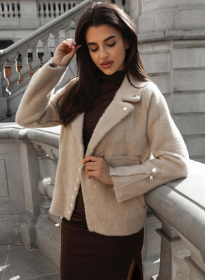 Short beige wool jacket with gold buttons