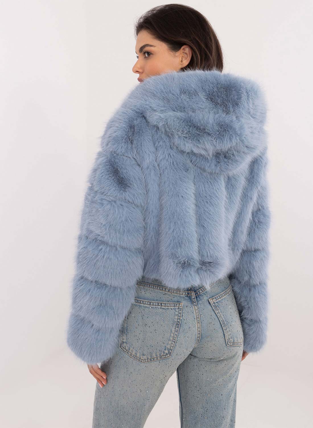 Short faux fur jacket with long blue hair and hood