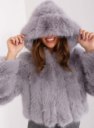 Short faux fur jacket with long-haired gray hood