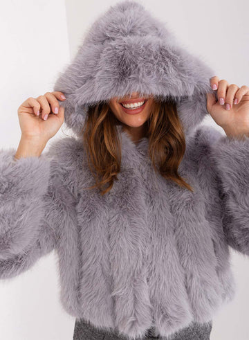 Short faux fur jacket with long-haired gray hood