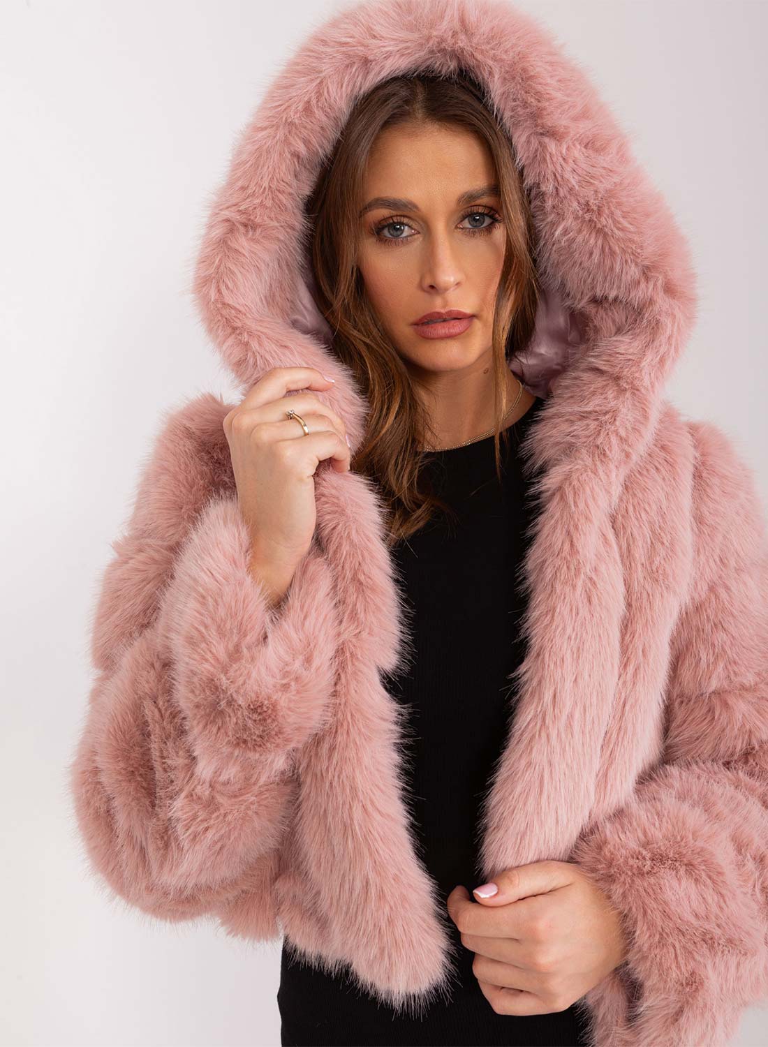 Short faux fur jacket with long pink hair hood