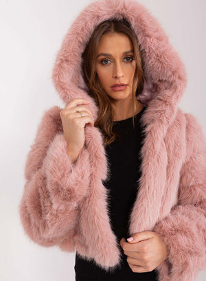 Short faux fur jacket with long pink hair hood
