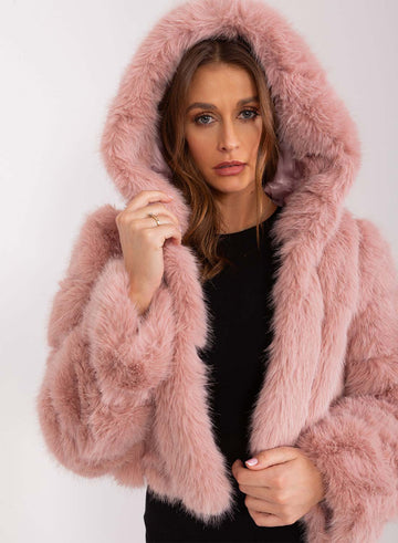 Short faux fur jacket with long pink hair hood