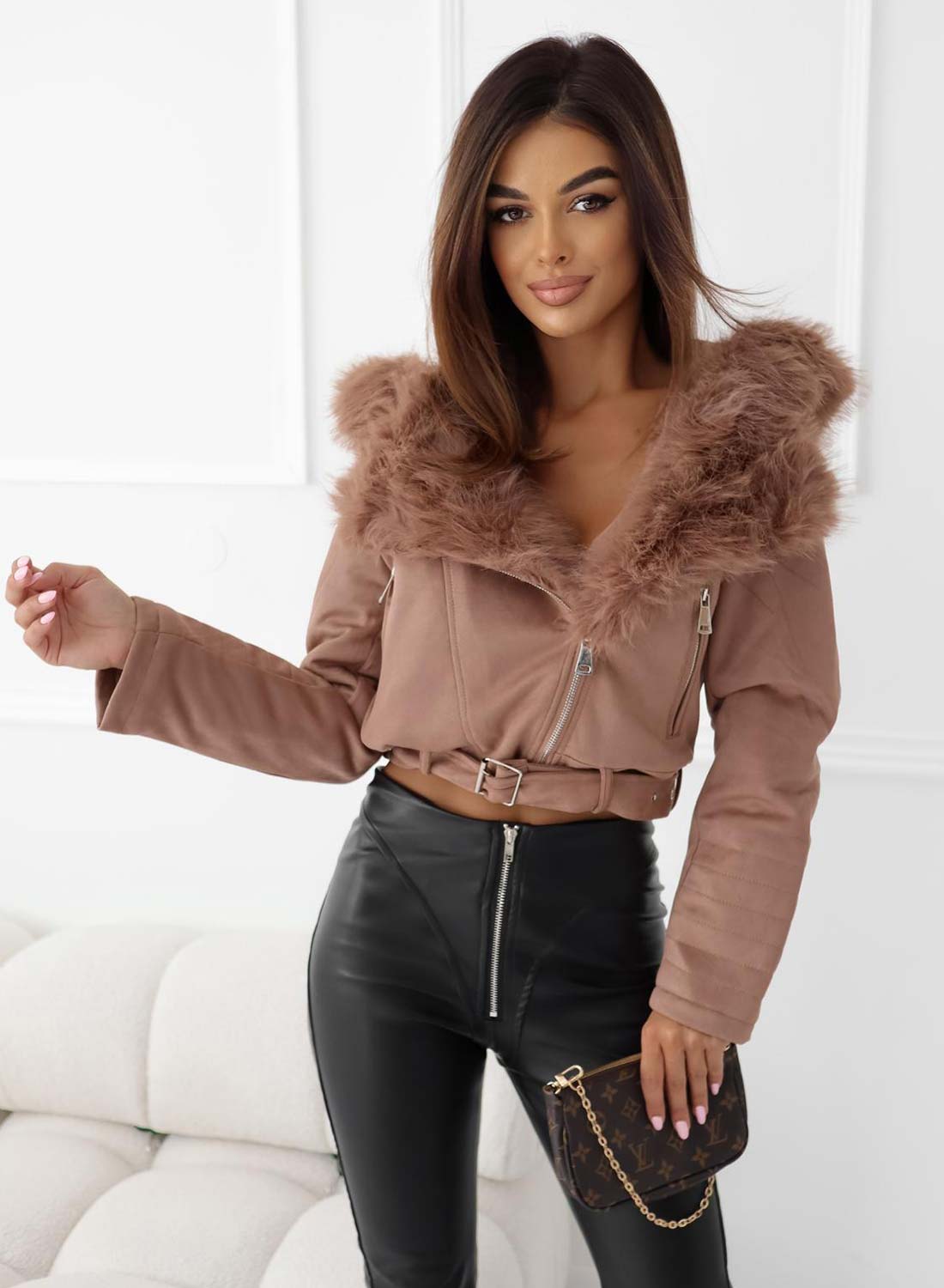 Mud-colored jacket with faux fur hood