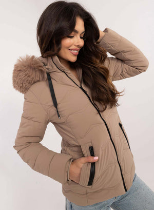 Short padded mud jacket with faux fur hood