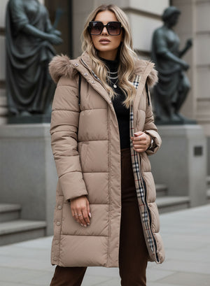 Long mud-colored padded jacket with faux fur hood