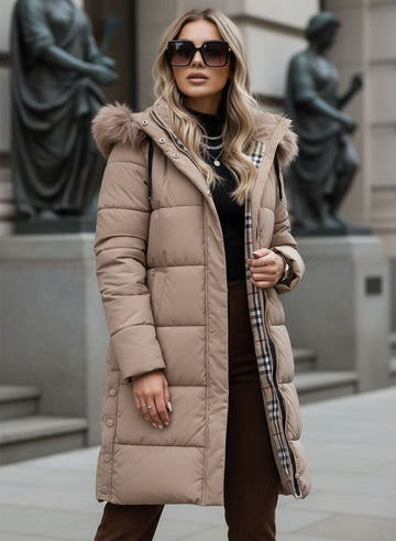 Long mud-colored padded jacket with faux fur hood