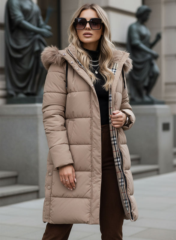 Long mud-colored padded jacket with faux fur hood