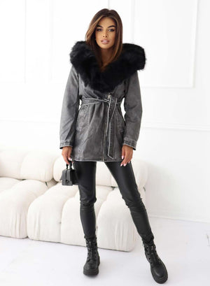 Long grey jacket with black faux fur collar and belt