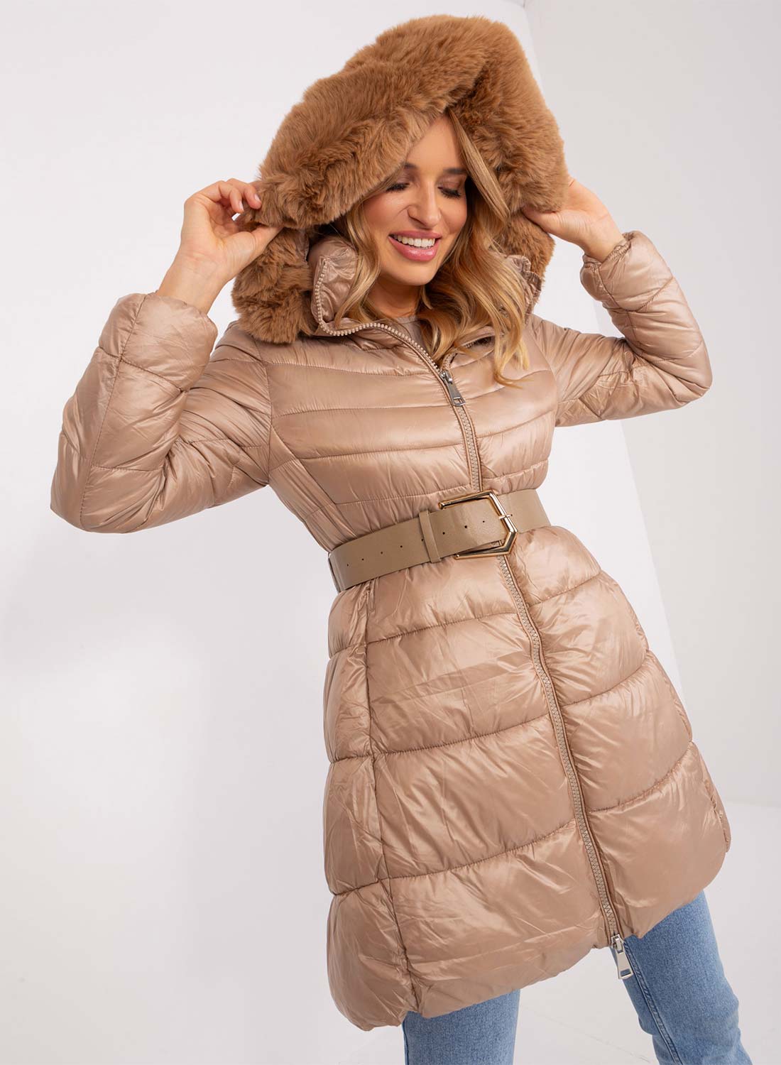 Long padded jacket with hood in mud-colored faux fur