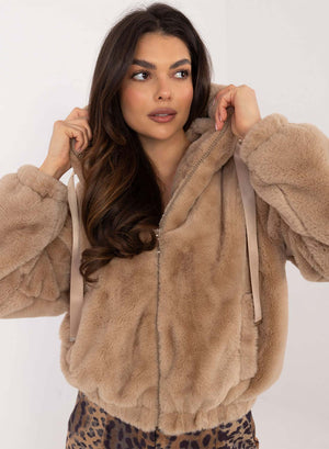 Winter faux fur jacket with hood in mud color