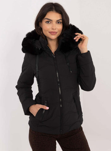 Short black padded jacket with faux fur hood