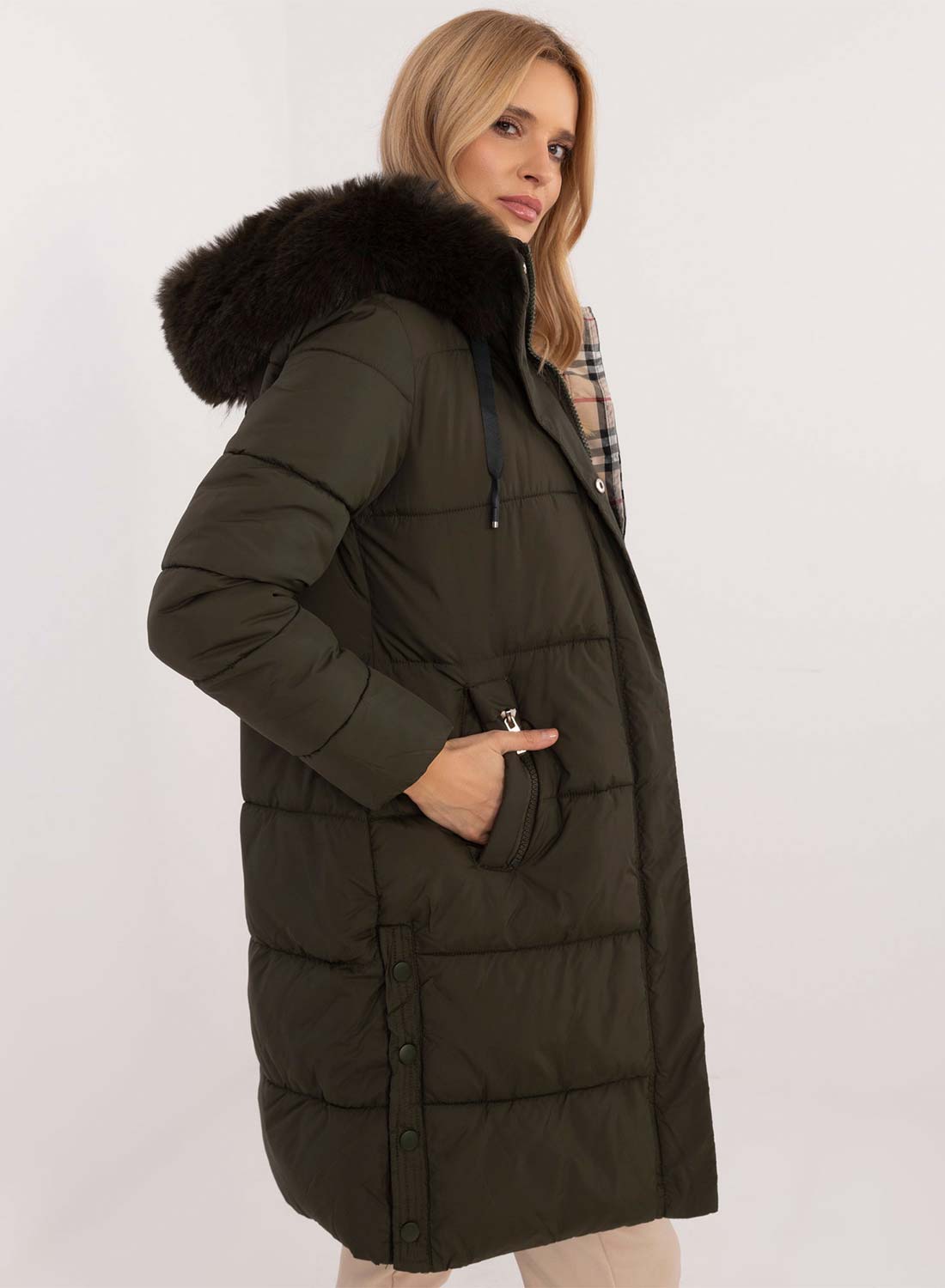 Long green padded jacket with faux fur hood