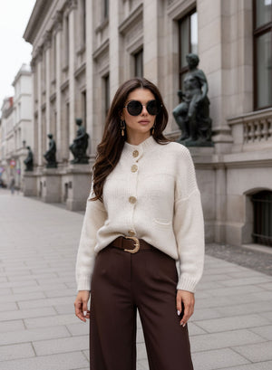Beige cardigan jacket with gold buttons