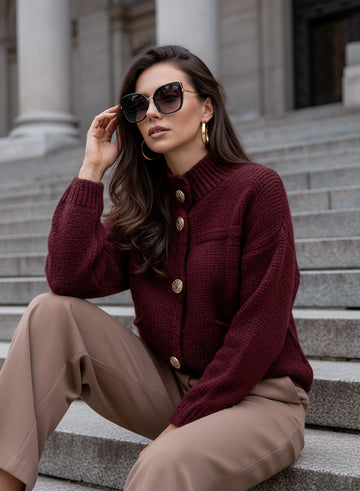 Burgundy cardigan jacket with gold buttons