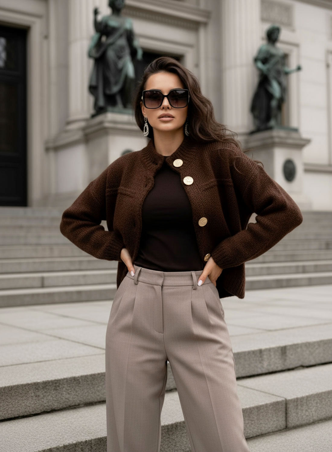 Brown cardigan jacket with gold buttons