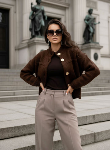 Brown cardigan jacket with gold buttons