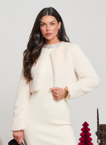 Beige cropped jacket in faux fur