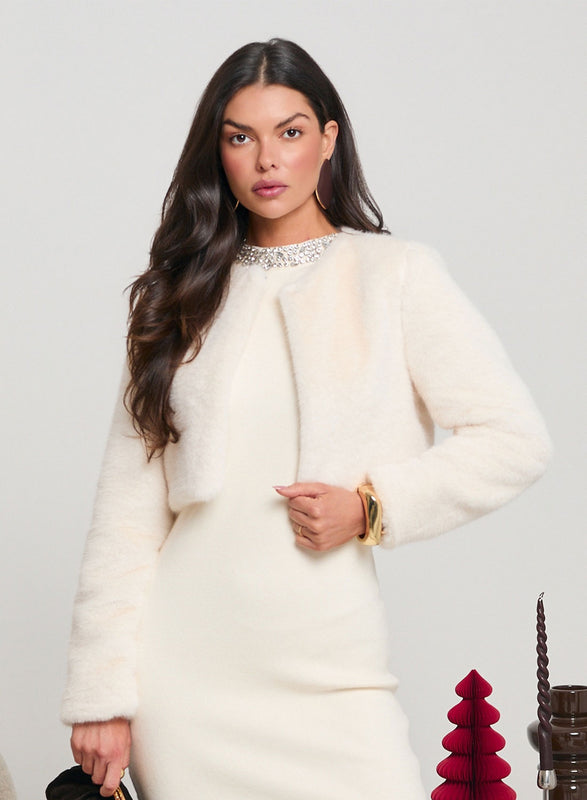 Giacca cropped beige in pelliccia sintetica