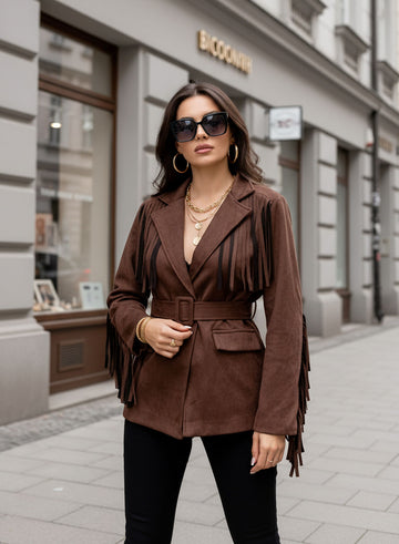 Brown suede jacket with fringes and waist belt