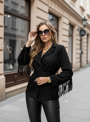 Giacca nera in camoscio con frange e cintura in vita