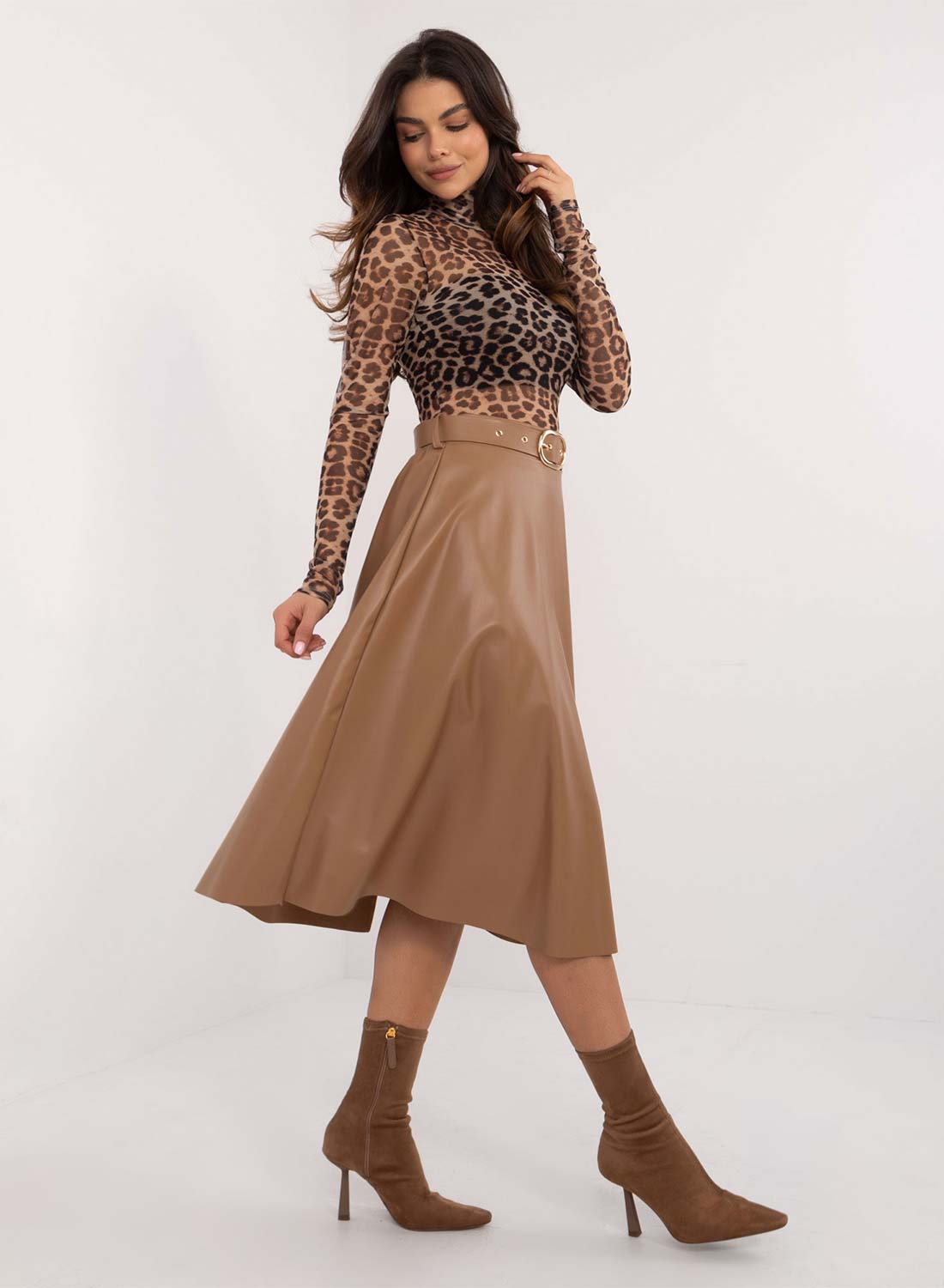 Faux leather taupe midi skirt with belt