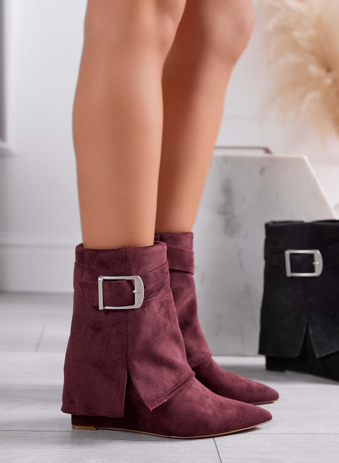 Burgundy suede ankle boots with cuff and wedge