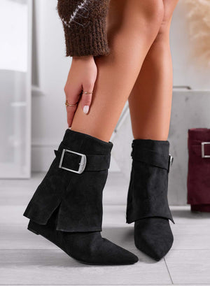 Black suede ankle boots with cuff and wedge
