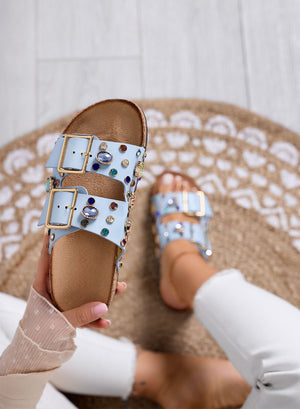 HELENA - Blue sandals Slippers with colorful stones and large golden buckles