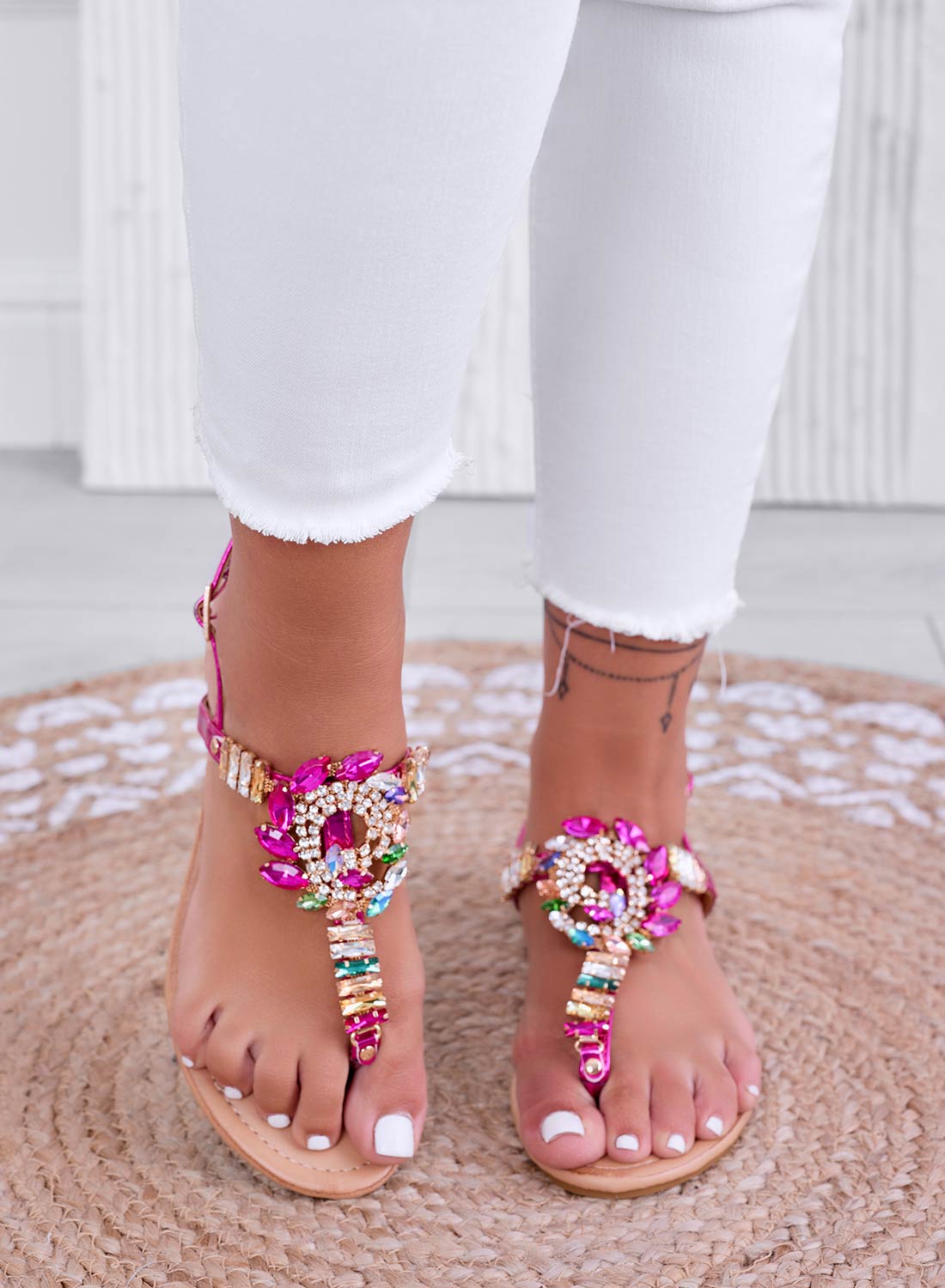 HELLEN - Fuchsia jeweled thong sandals with multicolor stones