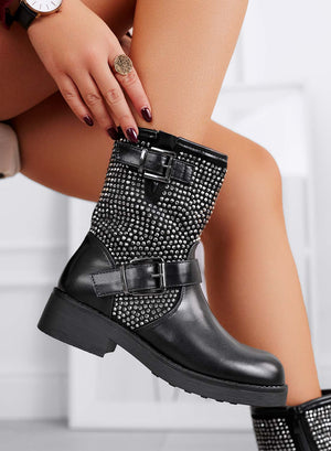 HERBY black biker ankle boots with grey rhinestones and double buckle