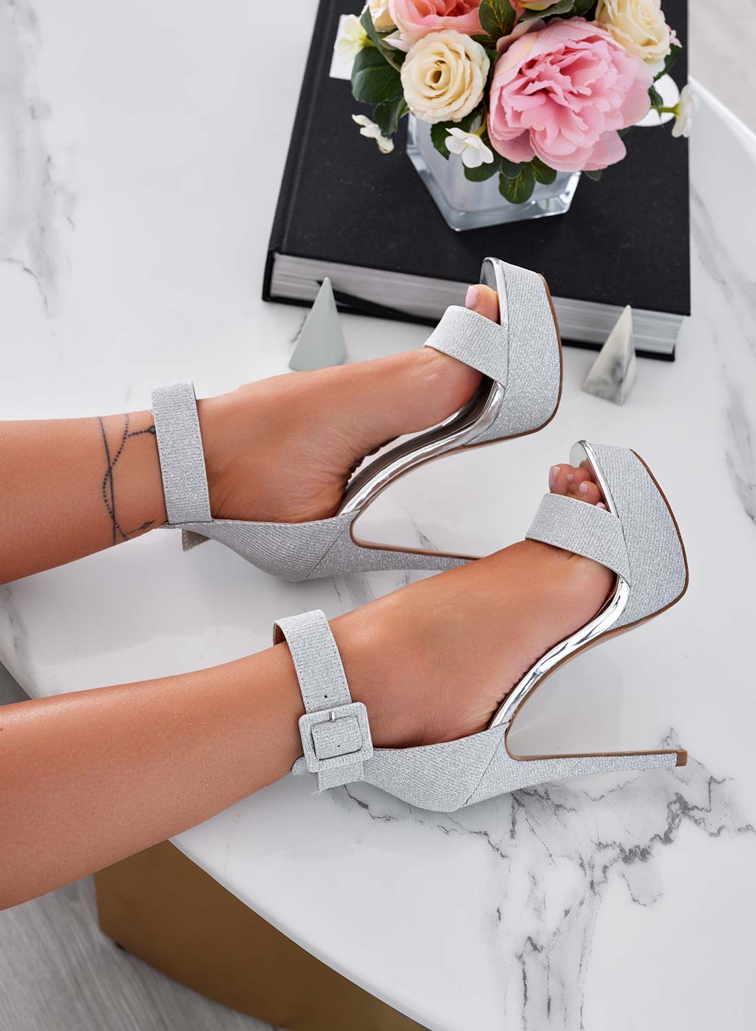 HILARY - Silver laminated sandals with high heel