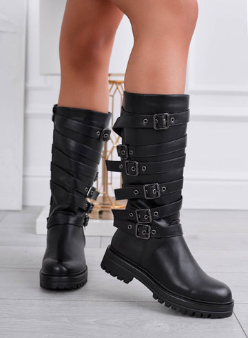 HILDA - Black biker boots with buckles
