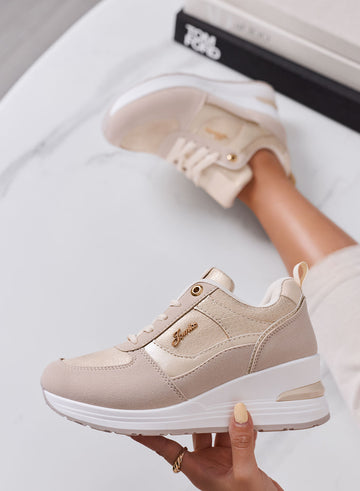 HOLLY - Sneakers Donna beige con Zeppa e Dettagli oro