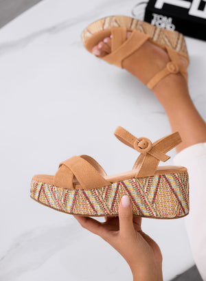 HONEY - Camel sandals with crafted platform sole and ankle strap