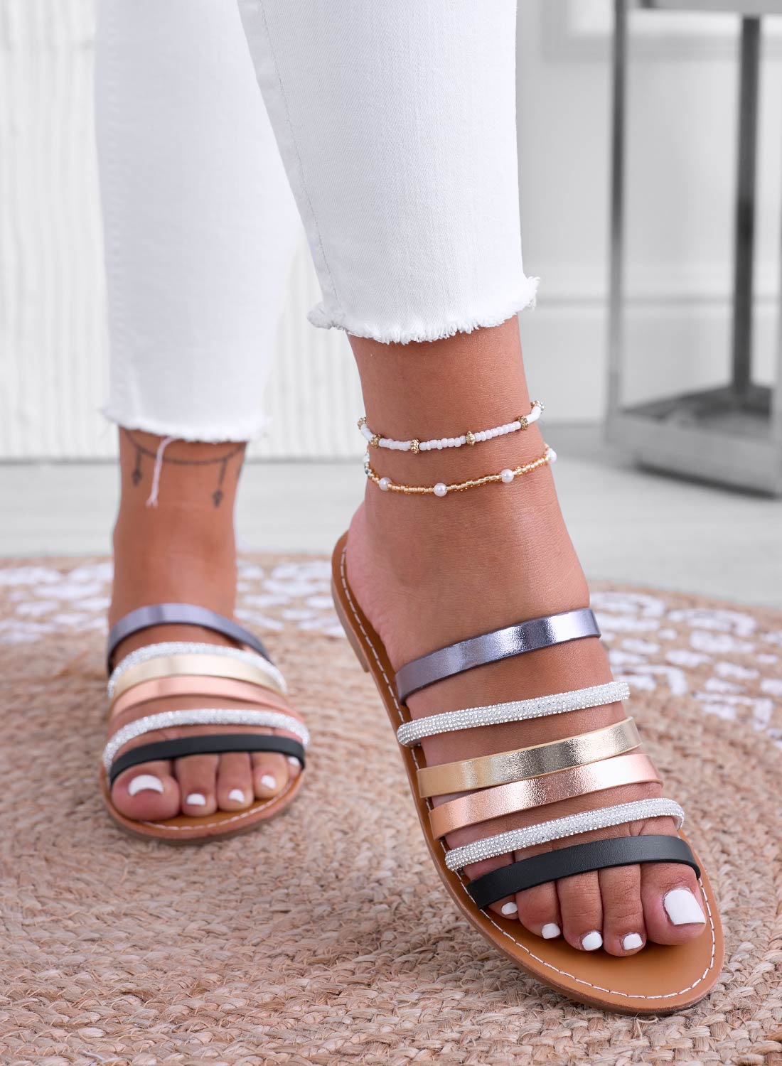 IDAA - Multicolored slide sandals with rhinestone straps