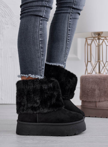 Black padded ankle boots with faux fur cuff