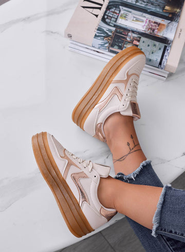 Beige sneakers with laminated champagne inserts and rubber sole