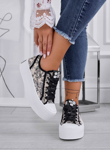 Beige patterned sneakers with rhinestones and thick sole