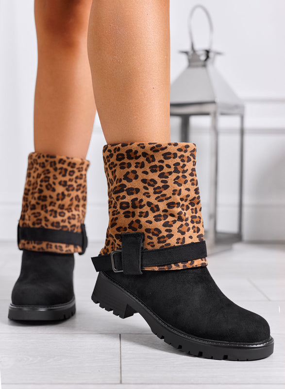 INGRID - Botines negros de ante con vuelta de estampado animal