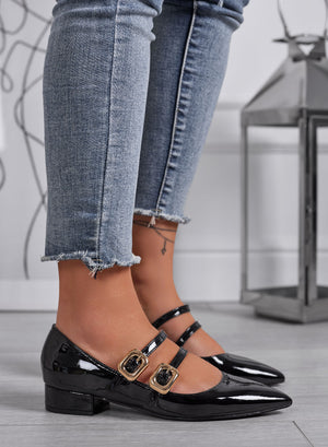 IOLE - Black patent Mary Jane shoes with double gold buckle