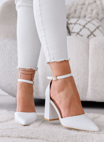 IRENE - Décolleté bianche con Cinturino alla Caviglia e Tacco Largo