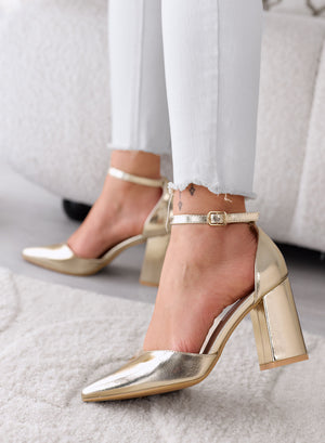 IRENE - Décolleté oro metallizzate con Cinturino alla Caviglia e Tacco Largo
