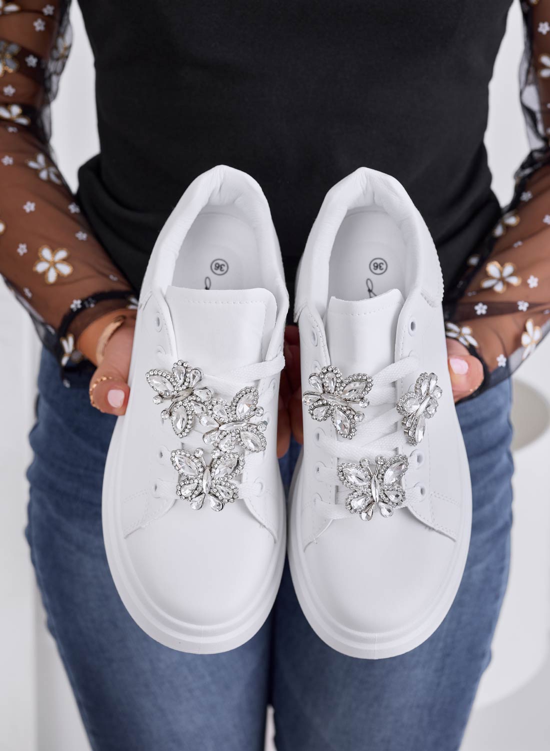 IRENE - White sneakers with silver jeweled butterfly appliqué