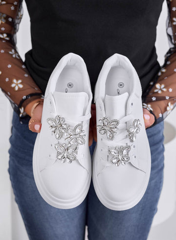 IRENE - White sneakers with silver jeweled butterfly appliqué