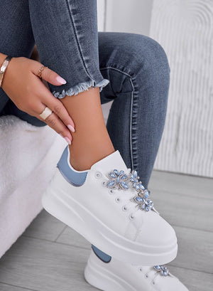 IRENE - White sneakers with blue heel and jeweled butterflies