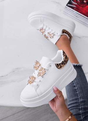 IRENE - White sneakers with leopard-print heel and gold jeweled butterflies