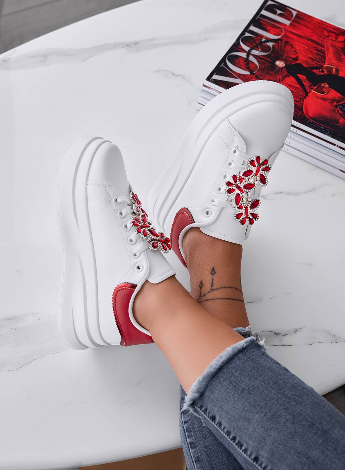 IRENE - White sneakers with red heel and jeweled butterflies