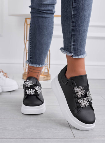 IRENE - Black sneakers with silver jeweled butterfly appliqué