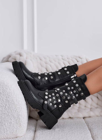 Black biker ankle boots with silver sphere studs